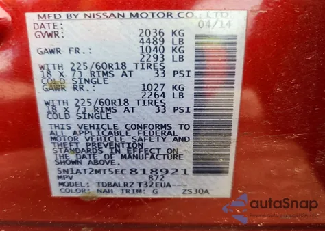 2014 Nissan Rogue S z USA, uszkodzony, nr VIN 5N1AT2MT5EC818921